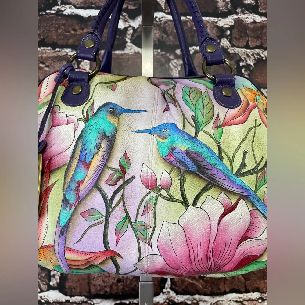ANUSCHKA Hobo Bag Hand Painted Leather Purse Birds Tropical Flowers - Picture 13 of 15